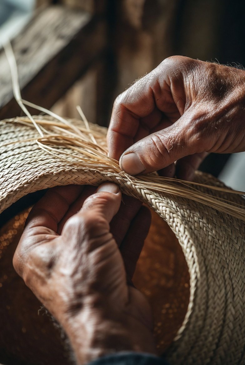 An artisan's hands weaving toquilla straw in Cuenca, Ecuador