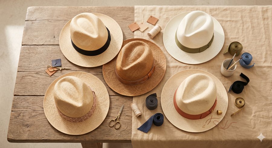 A range of Casa Toquilla Luxury hats laid out on a wooden table