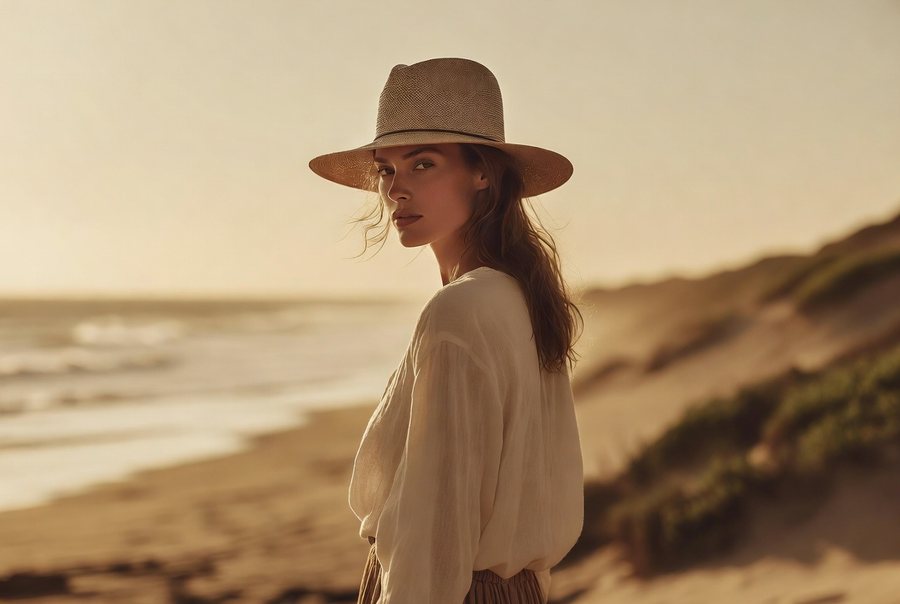 A Casa Toquilla Premium Montecristi hat at the beach in golden light