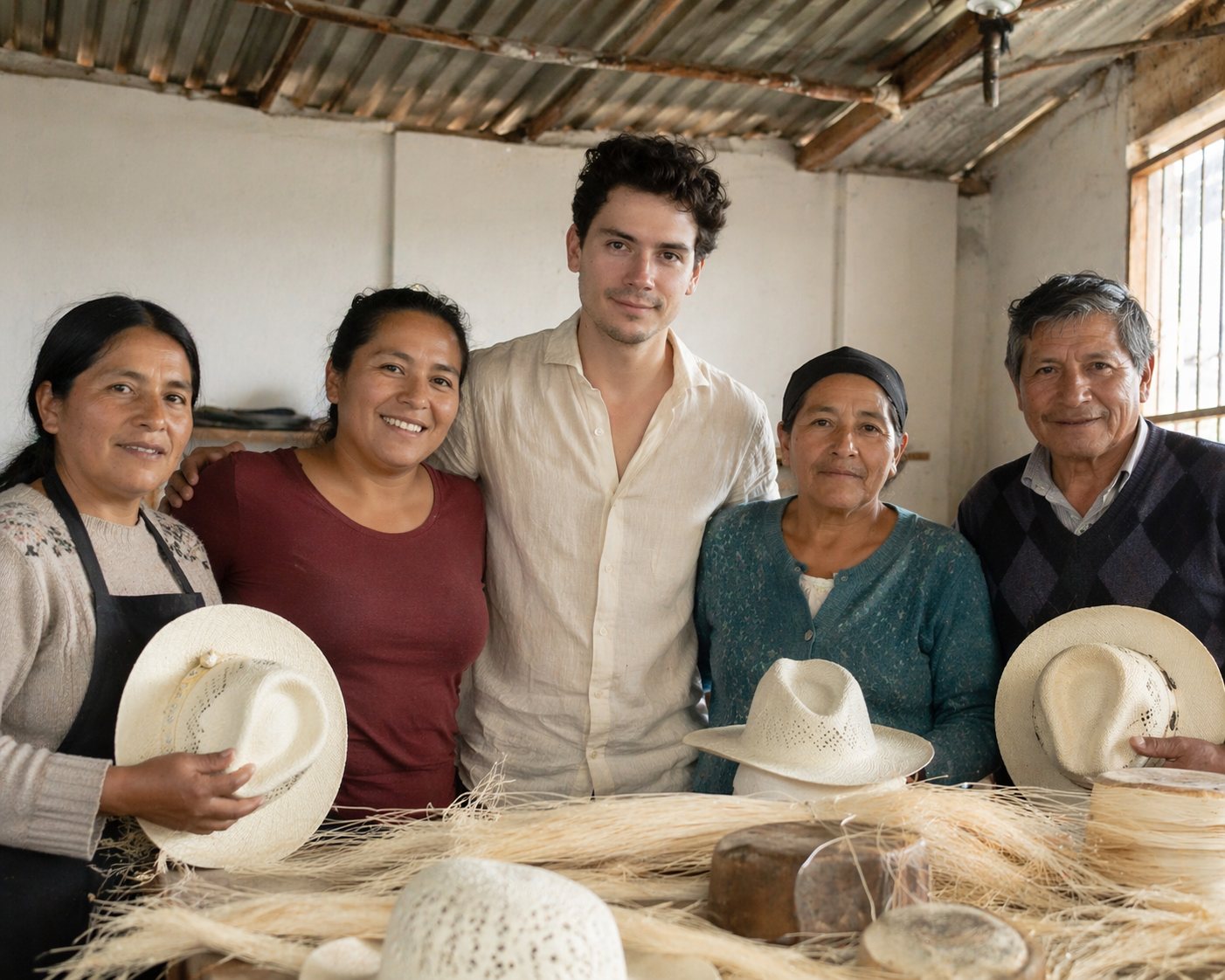 Luis with the artisan families who weave for Casa Toquilla, in their Cuenca workshop